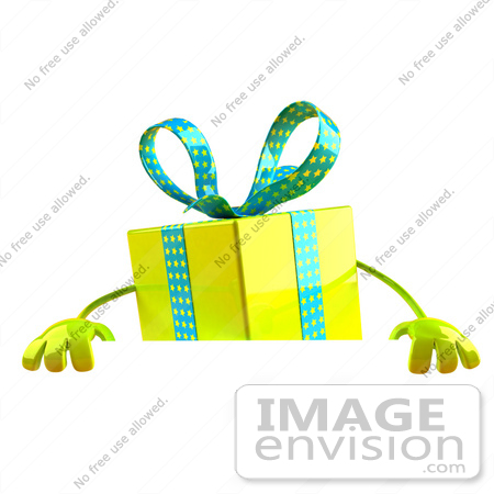 #50988 Royalty-Free (RF) Illustration Of A 3d Yellow Present Character Standing Behind A Blank Sign - Version 1 by Julos