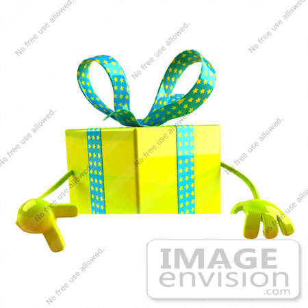 #50990 Royalty-Free (RF) Illustration Of A 3d Yellow Present Character Standing Behind A Blank Sign - Version 3 by Julos