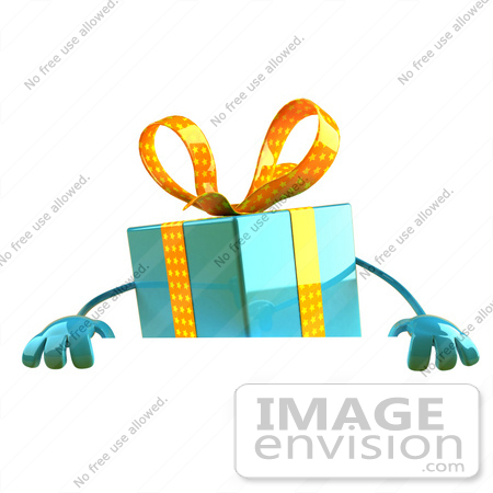 #50991 Royalty-Free (RF) Illustration Of A 3d Blue Present Character Standing Behind A Blank Sign - Version 1 by Julos