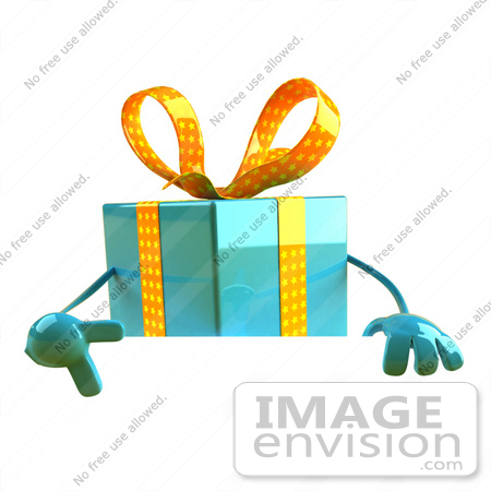 #50992 Royalty-Free (RF) Illustration Of A 3d Blue Present Character Standing Behind A Blank Sign - Version 3 by Julos