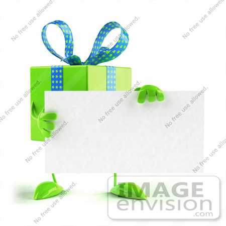 #50995 Royalty-Free (RF) Illustration Of A 3d Green Present Character Holding A Blank Business Card by Julos