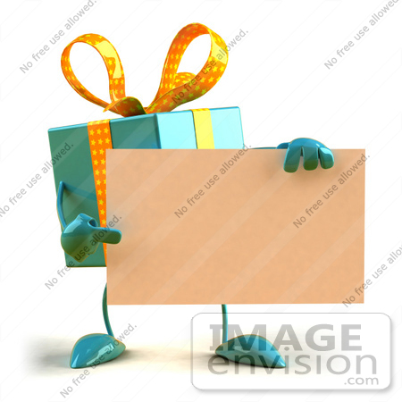 #51000 Royalty-Free (RF) Illustration Of A 3d Blue Present Character Holding A Blank Business Card - Version 2 by Julos