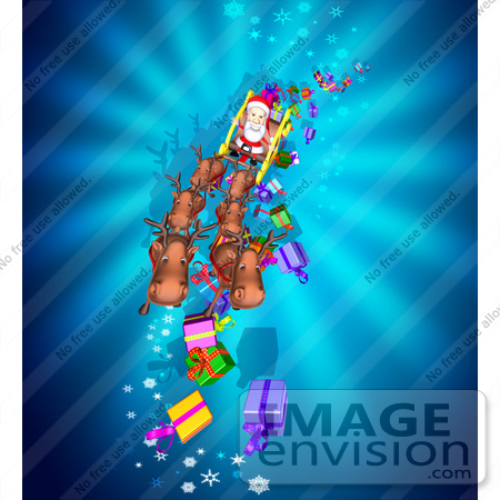 #51024 Royalty-Free (RF) Illustration Of A 3d Santa And Reindeer Flying Over Gifts - Version 1 by Julos