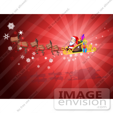#51025 Royalty-Free (RF) Illustration Of A 3d Santa In His Sled With The Flying Reindeer - Version 3 by Julos