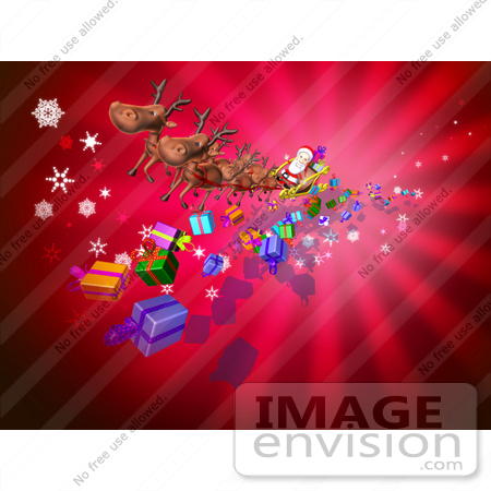 #51026 Royalty-Free (RF) Illustration Of A 3d Santa And Reindeer Flying Over Gifts - Version 3 by Julos