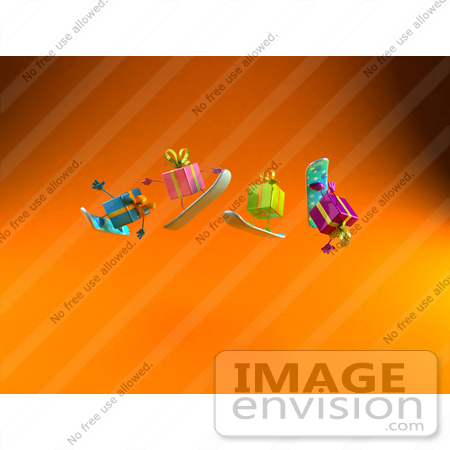 #51029 Royalty-Free (RF) Illustration Of A Group Of Four 3d Present Characters Snowboarding - Version 1 by Julos