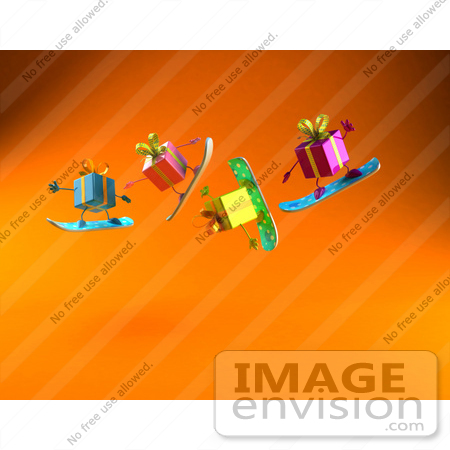 #51030 Royalty-Free (RF) Illustration Of A Group Of Four 3d Present Characters Snowboarding - Version 3 by Julos