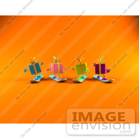 #51031 Royalty-Free (RF) Illustration Of A Group Of Four 3d Present Characters Snowboarding - Version 2 by Julos