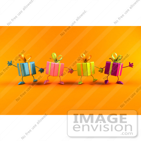 #51032 Royalty-Free (RF) Illustration Of A Line Of Four 3d Present Characters Facing Front And Holding Hands - Version 1 by Julos