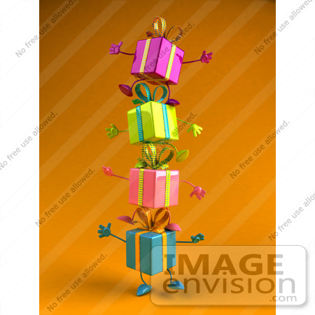 #51033 Royalty-Free (RF) Illustration Of A Group Of Four 3d Present Characters Standing On Top Of Each Other - Version 4 by Julos