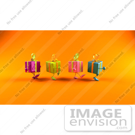 #51035 Royalty-Free (RF) Illustration Of A Group Of Four 3d Present Characters Walking Right - Version 2 by Julos