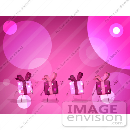 #51172 Royalty-Free (RF) Illustration Of Four Pink 3d Present Characters Waving - Version 2 by Julos
