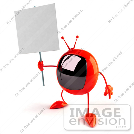 #52568 Royalty-Free (RF) Illustration Of A 3d Red Television Mascot Holding Up A Blank Sign - Version 1 by Julos