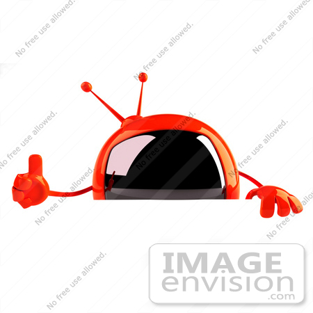 #52570 Royalty-Free (RF) Illustration Of A 3d Red Television Mascot Giving The Thumbs Up And Standing Behind A Blank Sign by Julos