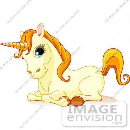 #56136 Clip Art Of A Resting Cute Yellow Unicorn With Blue Eyes, Orange Hair And A Golden Horn by pushkin