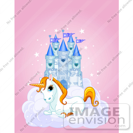 #56143 Clip Art Of A Cute White Unicorn Resting On A Cloud In Front Of A Blue Castle by pushkin