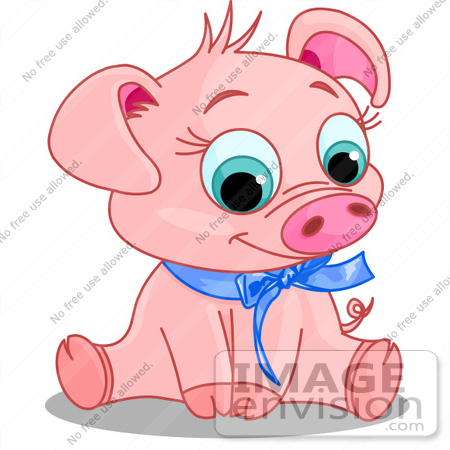 #56144 Clip Art Of An Adorable Pink Male Piggy Wearing A Blue Ribbon, Sitting And Smiling by pushkin