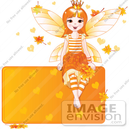 #56152 Royalty-Free (RF) Clip Art Of A Happy Autumn Fairy Princess Sitting On A Blank Orange Sign With Leaves And Hearts by pushkin