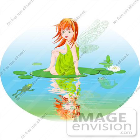 #56155 Clip Art Of A Red Haired Fairy Girl Sitting On A Lily Pad On A Pond by pushkin
