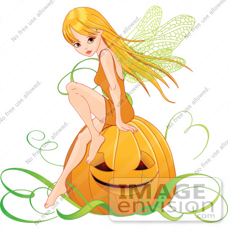 #56159 Royalty-Free (RF) Clip Art Of A Pretty Autumn Fairy Sitting On A Halloween Pumpkin by pushkin