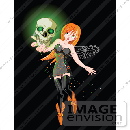 #56161 Royalty-Free (RF) Clip Art Of A Sexy Red Head Halloween Fairy Holding A Glowing Skull by pushkin