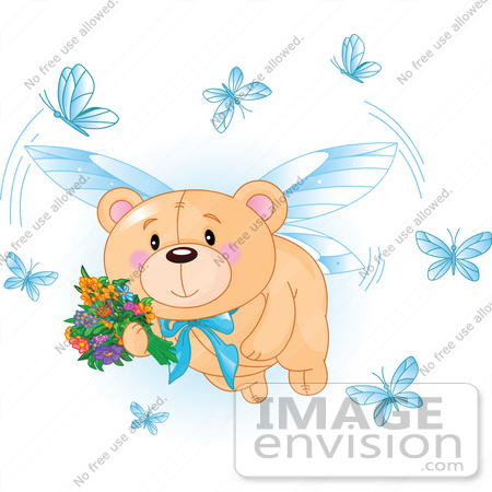 #56188 Royalty-Free (RF) Clip Art Of A Teddy Bear Fairy Flying With Flowers And Blue Butterflies by pushkin