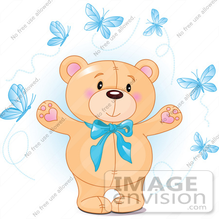 #56195 Royalty-Free (RF) Clip Art Of A Sweet Teddy Bear With A Blue Bow And Blue Butterflies by pushkin