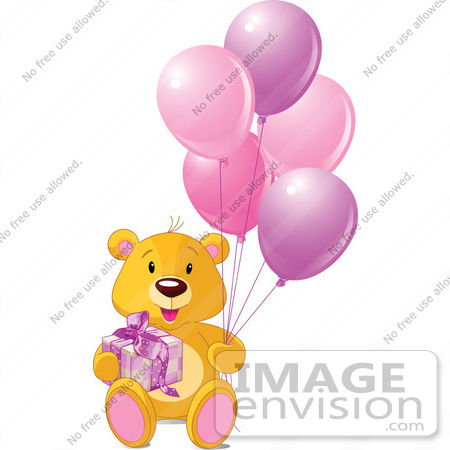 #56198 Royalty-Free (RF) Clip Art Of A Teddy Bear With A Gift And Pink Balloons by pushkin