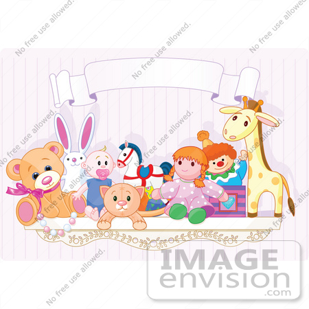#56208 Royalty-Free (RF) Clip Art Of A Toy Shelf With Stuffed Animals And A Jack In The Box Under A Blank Banner Against A Pink Wall by pushkin