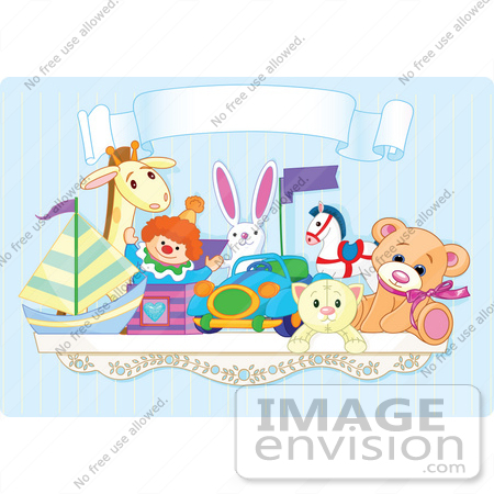 #56211 Royalty-Free (RF) Clip Art Of A Toy Shelf With Stuffed Animals And A Jack In The Box Under A Blank Banner Against A Blue Wall by pushkin