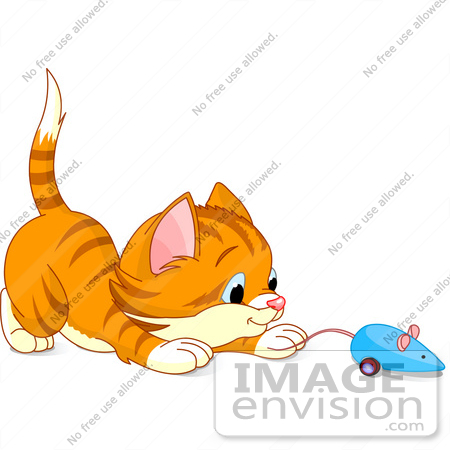 #56217 Clip Art Illustration Of A Playful Orange Kitten Playing With A Blue Mouse Toy by pushkin