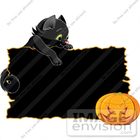 #56224 Royalty-Free (RF) Clip Art Illustration Of A Black Kitten Looking Over A Black Sign At A Halloween Pumpkin by pushkin