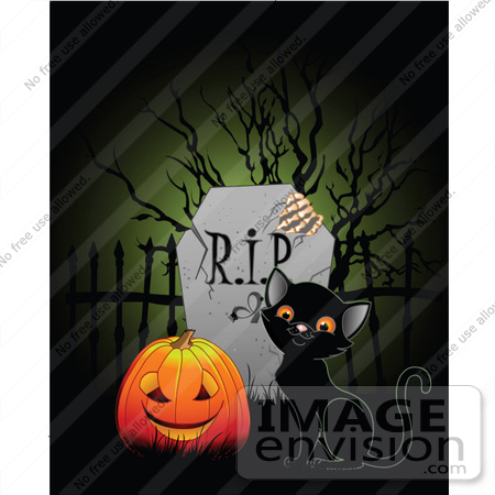 #56227 Royalty-Free (RF) Clip Art Illustration Of A Black Kitten And A Pumpkin By A Tombstone by pushkin