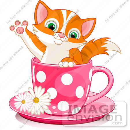#56228 Clip Art Illustration Of An Adorable Orange Kitten In A Pink Polka Dotted Tea Cup by pushkin