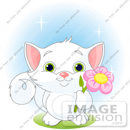 #56229 Clip Art Illustration Of An Adorable White Kitten With Green Eyes, Holding A Pink Flower by pushkin