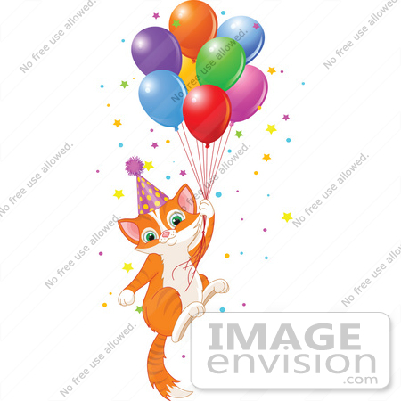 #56230 Royalty-Free (RF) Clip Art Illustration Of An Orange Birthday Kitten Floating Away With Balloons And Confetti by pushkin