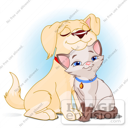 #56247 Clipart Illustration Of An Adorable Yellow Lab Puppy Cuddling With A Siamese Kitten by pushkin