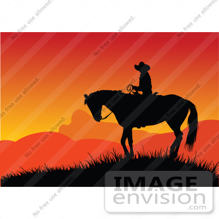 #56252 Royalty-Free (RF) Clip Art Of A Silhouetted Cowboy On Horseback Against An Orange Sunset by pushkin