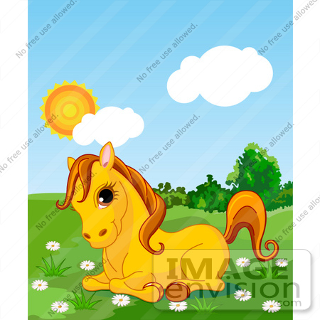#56253 Clip Art Of An Adorable Yellow Pony Resting In A Daisy Flower Patch In A Green Pasture On A Sunny Day by pushkin