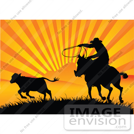 #56259 Royalty-Free (RF) Clip Art Of A Silhouetted Cowboy Roping A Calf At Sunset by pushkin