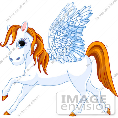 #56261 Clip Art Of A Blue Eyed White Winged Pegasus Horse With An Orange Mane And Tail by pushkin