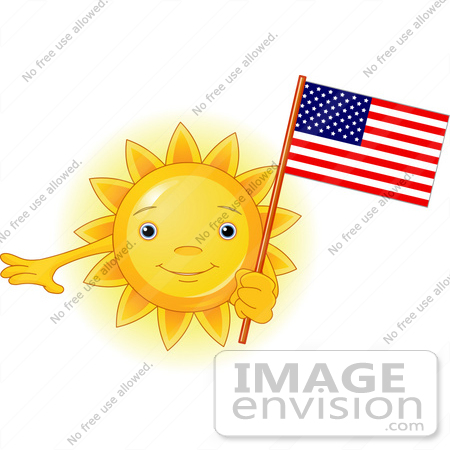 #56264 Clip Art Of A Glowing Sun Character Holding An American Flag On Independence Day by pushkin