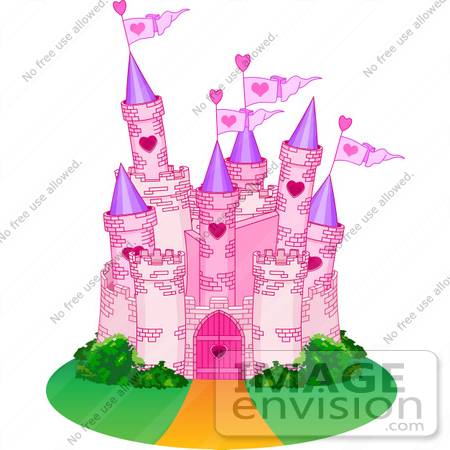 #56269 Clip Art Illustration Of A Pink Stone Castle With Flags And Green Landscaping by pushkin