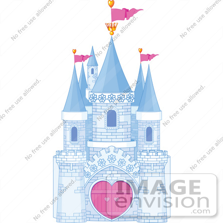 #56270 Royalty-Free (RF) Clip Art Illustration Of A Blue Brick Fantasy Castle With Heart Gates And Pink Flags by pushkin