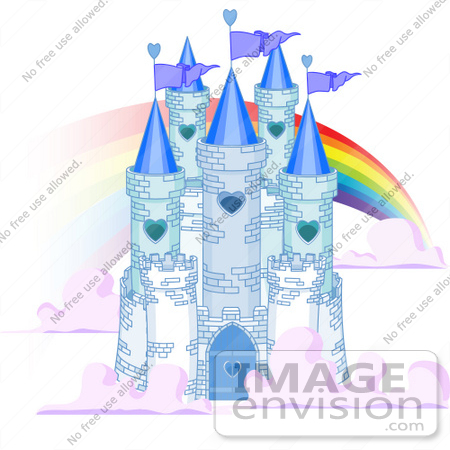 #56271 Clip Art Illustration Of A Blue Stone Castle In The Clouds, With Flags And A Rainbow by pushkin