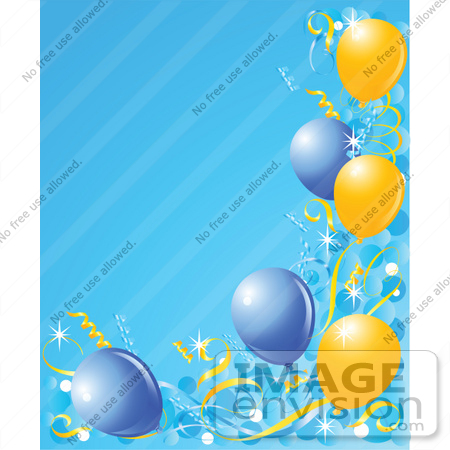 #56287 Royalty-Free (RF) Clip Art Illustration Of A Blue Vertical Background Bordered With Blue And Yellow Balloons And Confetti by pushkin