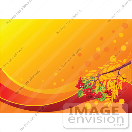 #56295 Royalty-Free (RF) Clip Art Illustration Of An Orange Background With Red Swooshes And Berries And Fall Leaves On A Tree Branch by pushkin