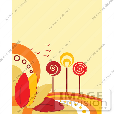 #56308 Royalty-Free (RF) Clip Art Illustration Of A Faint Orange Autumn Background With Retro Styled Trees, Birds And Colorful Leaves by pushkin