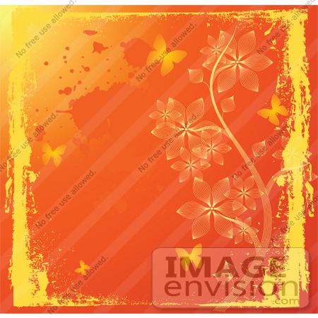 #56329 Royalty-Free (RF) Clip Art Illustration Of A Grungy Orange Autumn Background With Flowers And Butterflies by pushkin