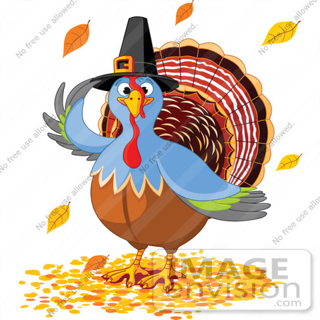 #56336 Royalty-Free (RF) Clip Art Illustration Of A Thanksgiving Turkey Bird Wearing A Pilgrim Hat And Standing In Fall Leaves by pushkin